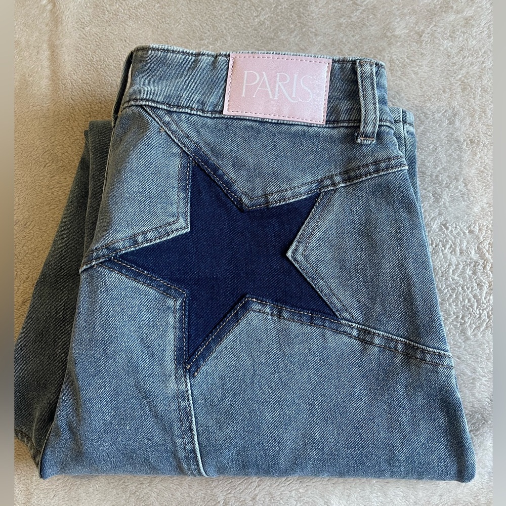 Paris Hilton Blue Distressed Star Patch Jeans